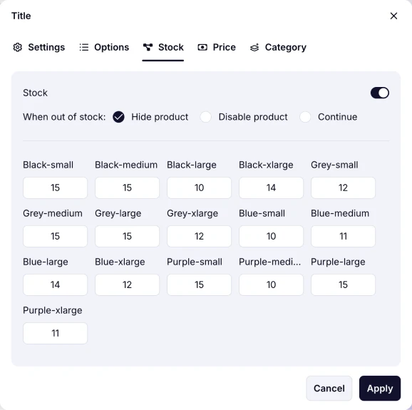 An image showing the “Stock” section, where you can enable stock settings for your products and select the option when out of stock