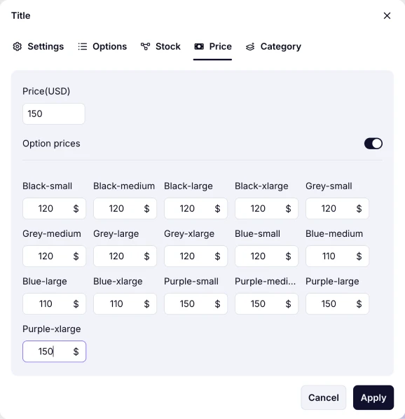 An image showing the “Price” section, where you can set your product’s prices and also add different prices for options if needed