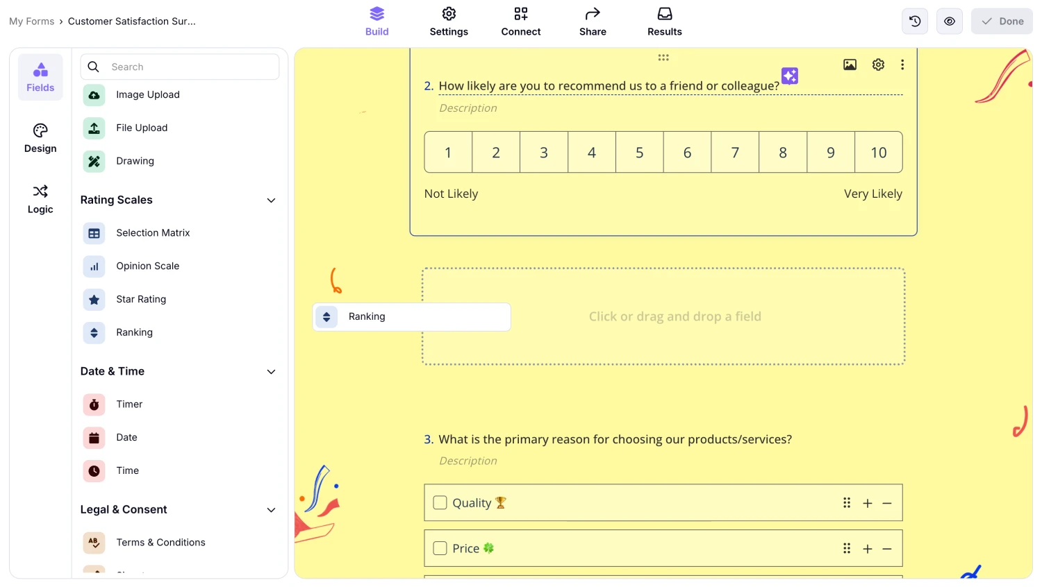 An image showing how you can find the “Ranking field” from the menu on the left and drag&amp;drop it directly to your form