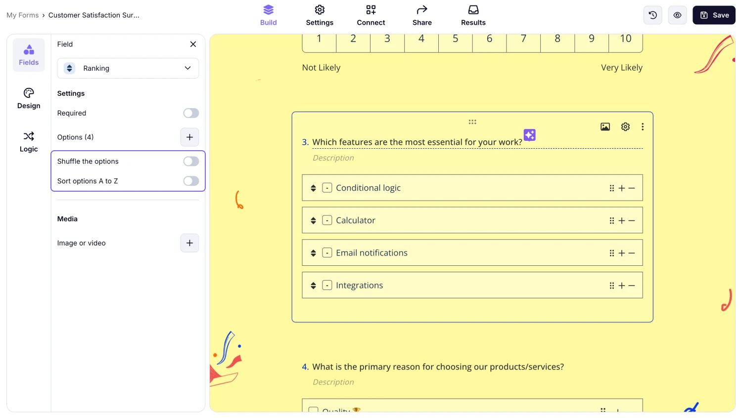 An image showing the options of sorting your answers as needed from the field settings on the left