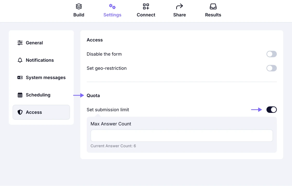 An image showing the setting area where you can set the “Max answer count” for your form