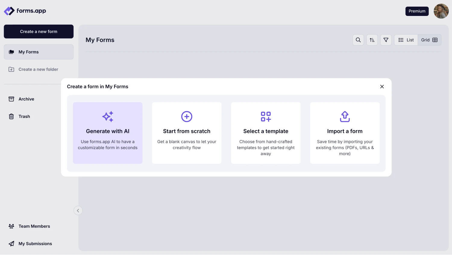 An image showing the options you have once you click the “Create a new form” button on your Dashboard
