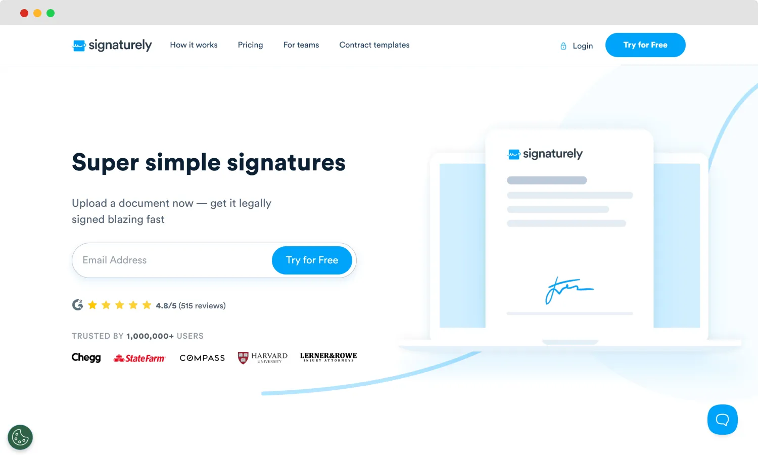 The homepage of Signaturely
