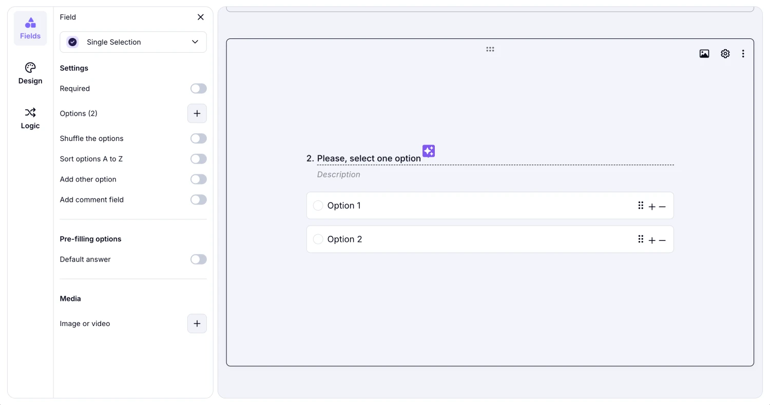 An image showing the settings you can adjust within the “Single Selection” field by pressing the “Gear” icon on the field
