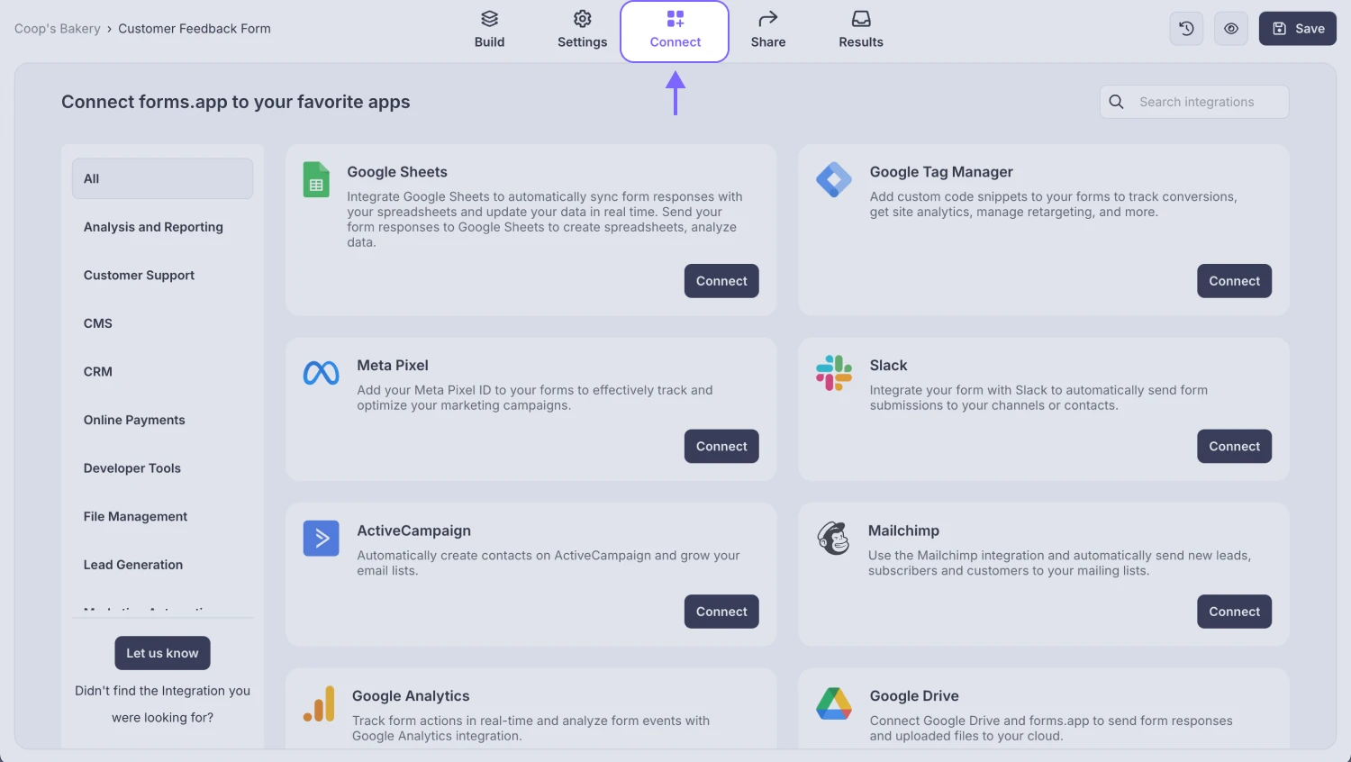 An image showing how you can access the “Connect” section after opening your form