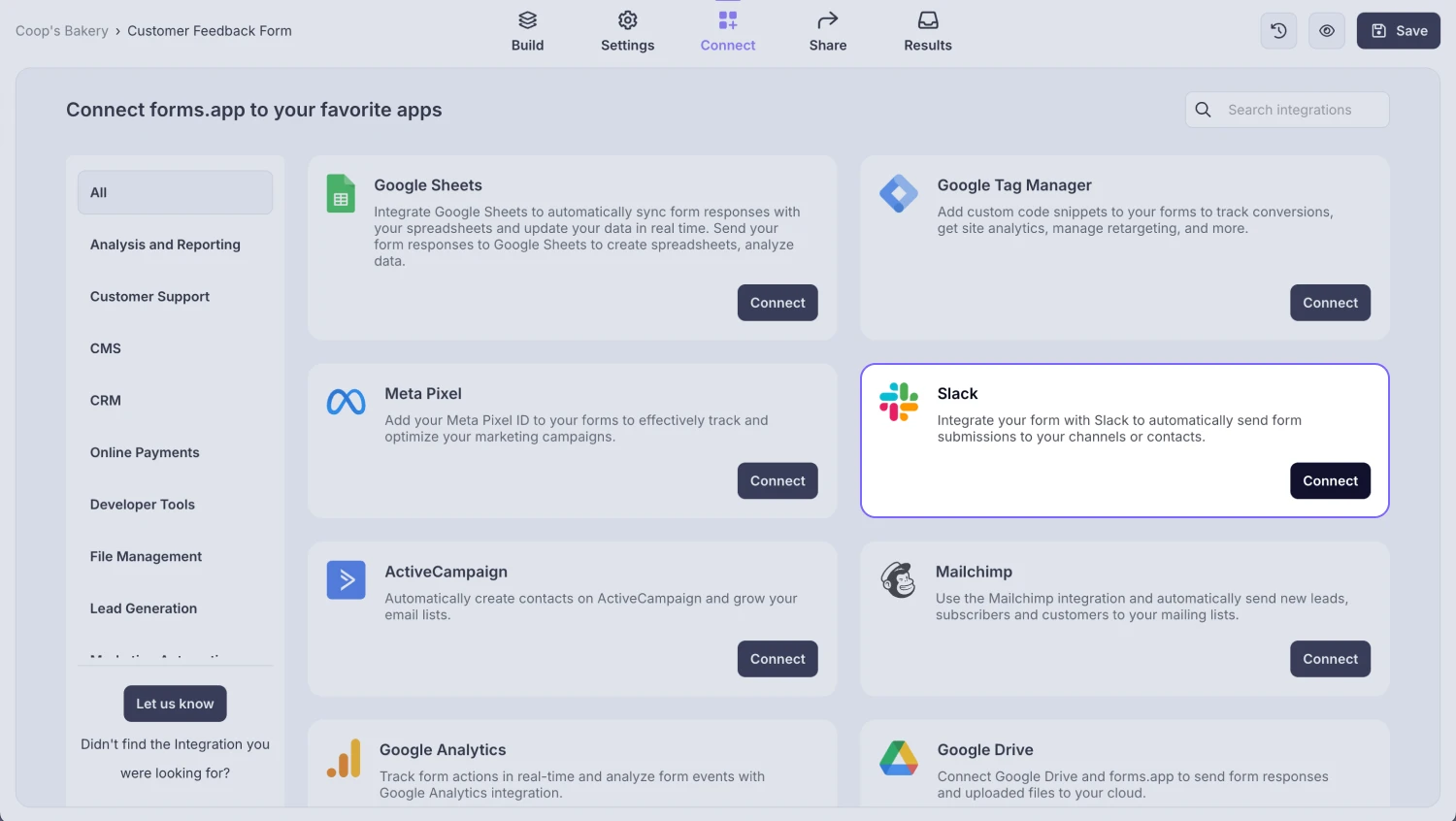 An image showing the “Slack” option, which you need to select from the integration list