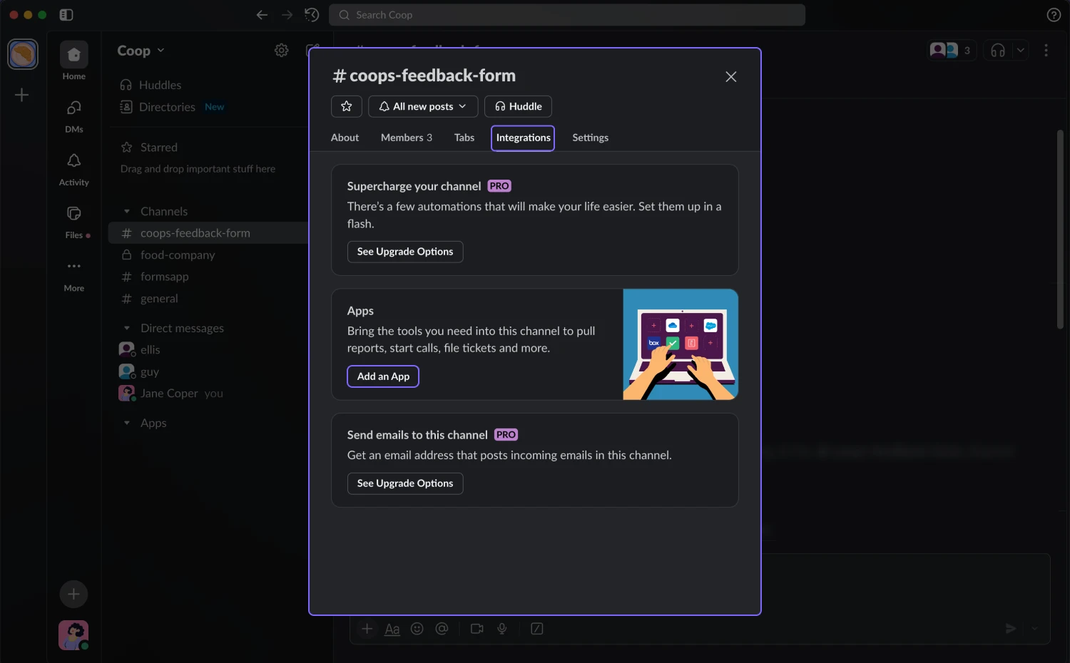 An image showing the pop-up and the “Integrations” section you need to access and press the “Add apps” button