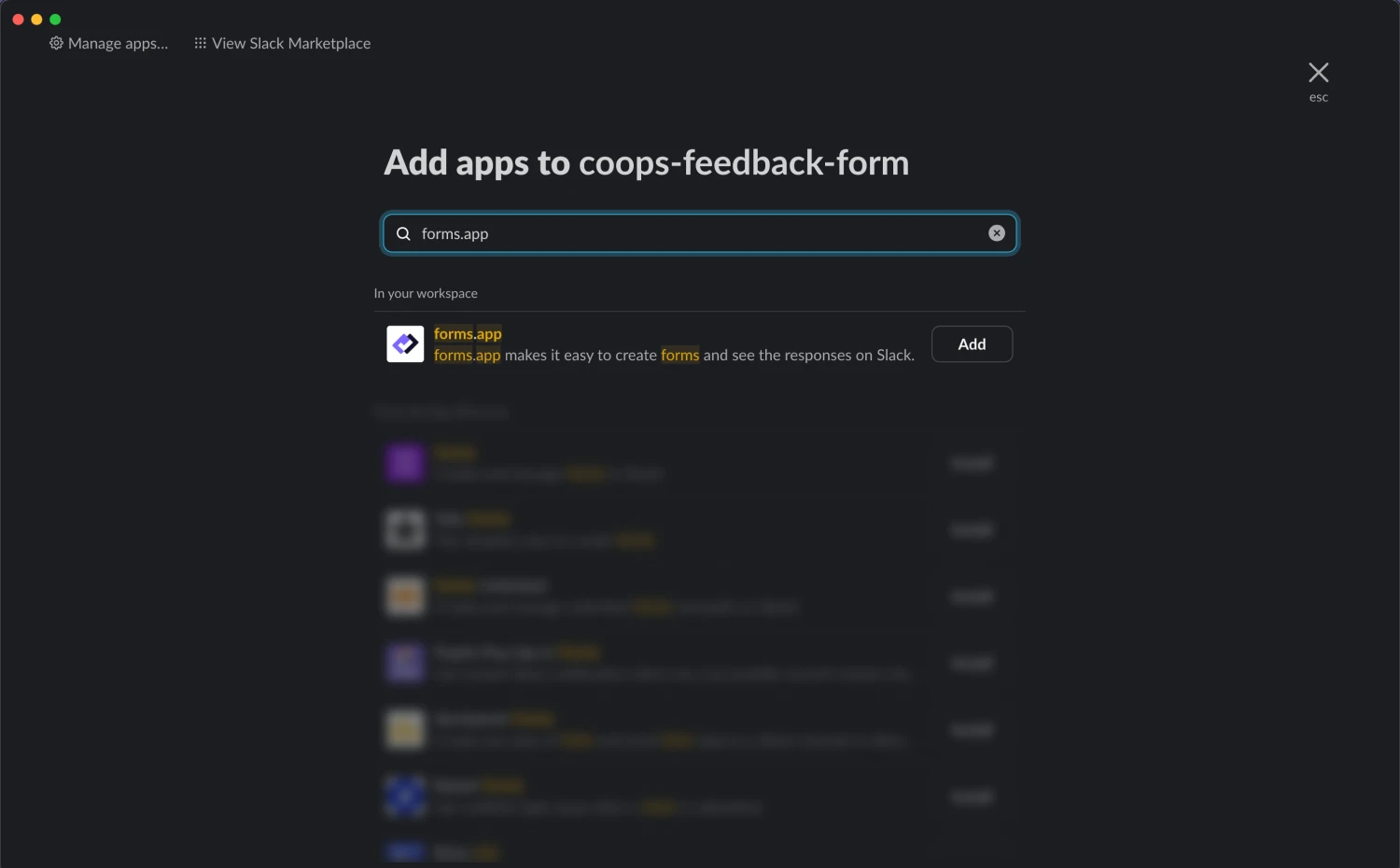 An image showing the area from which you need to select the “forms.app” options to add it to the channel