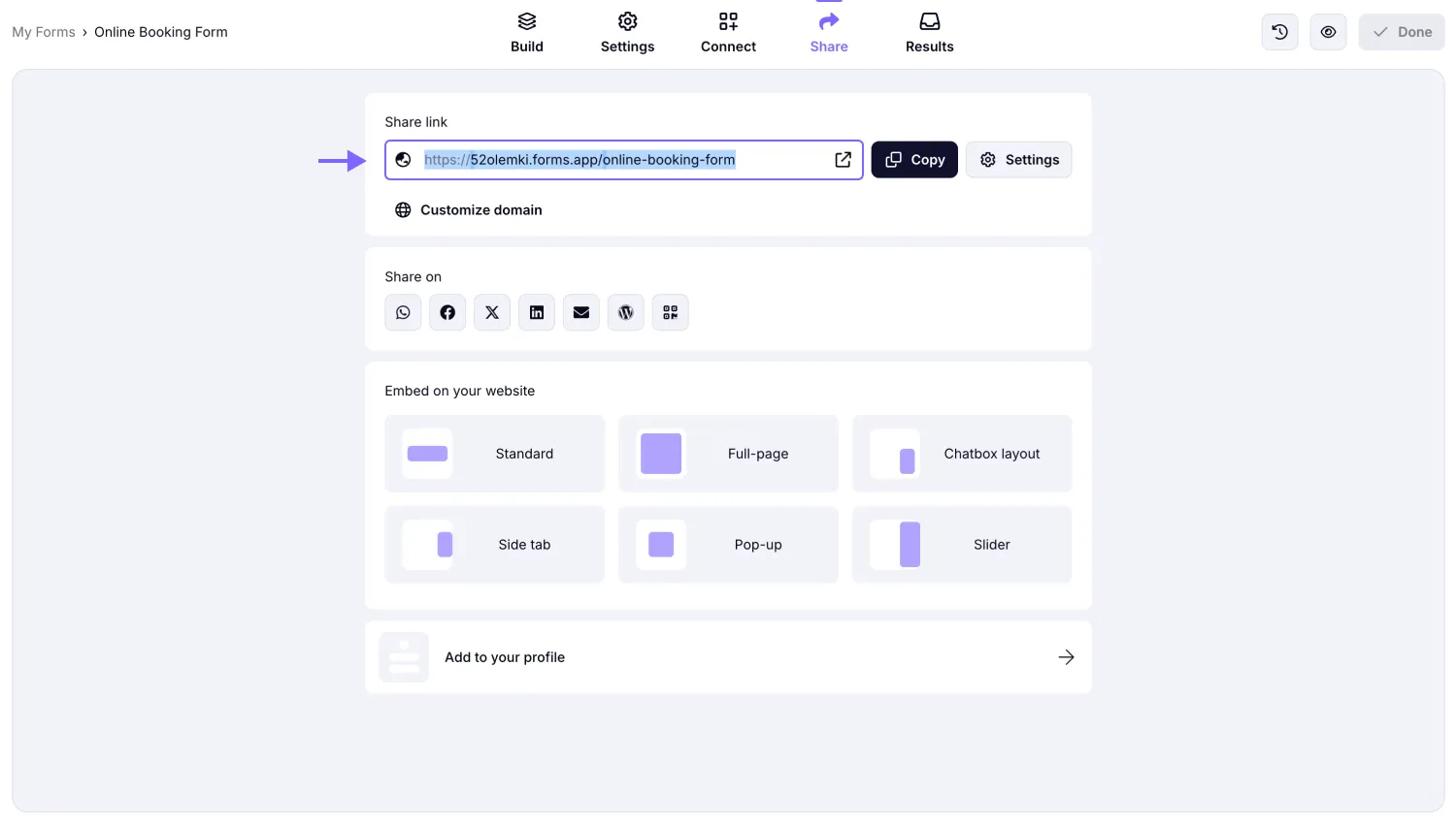 An image showing the “Share” section of the form.app platform where you will be able to find and copy your form URL