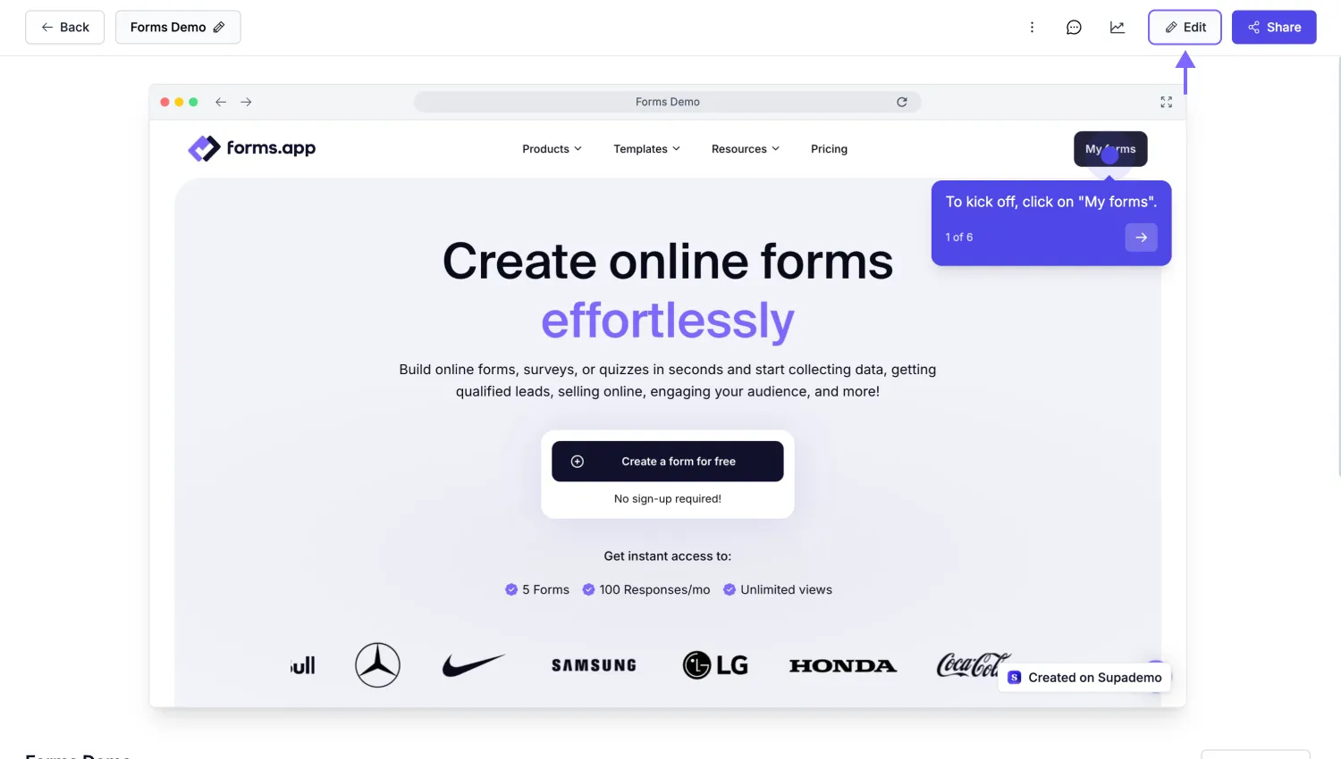 An image showing the screen from the “Supademo” platform, where you can edit your current demos or record a new one