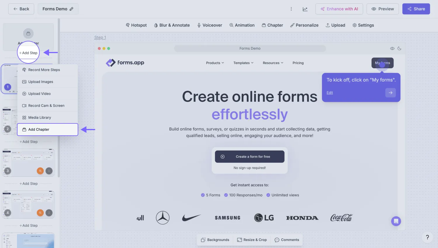 An image showing the “plus” button, which allows you to add a chapter to your demo