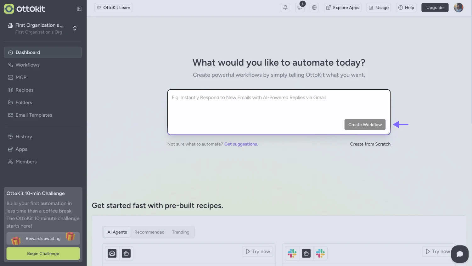 An image showing the “OttoKit” interface page where you need to click the “Create workflow” button in the right corner