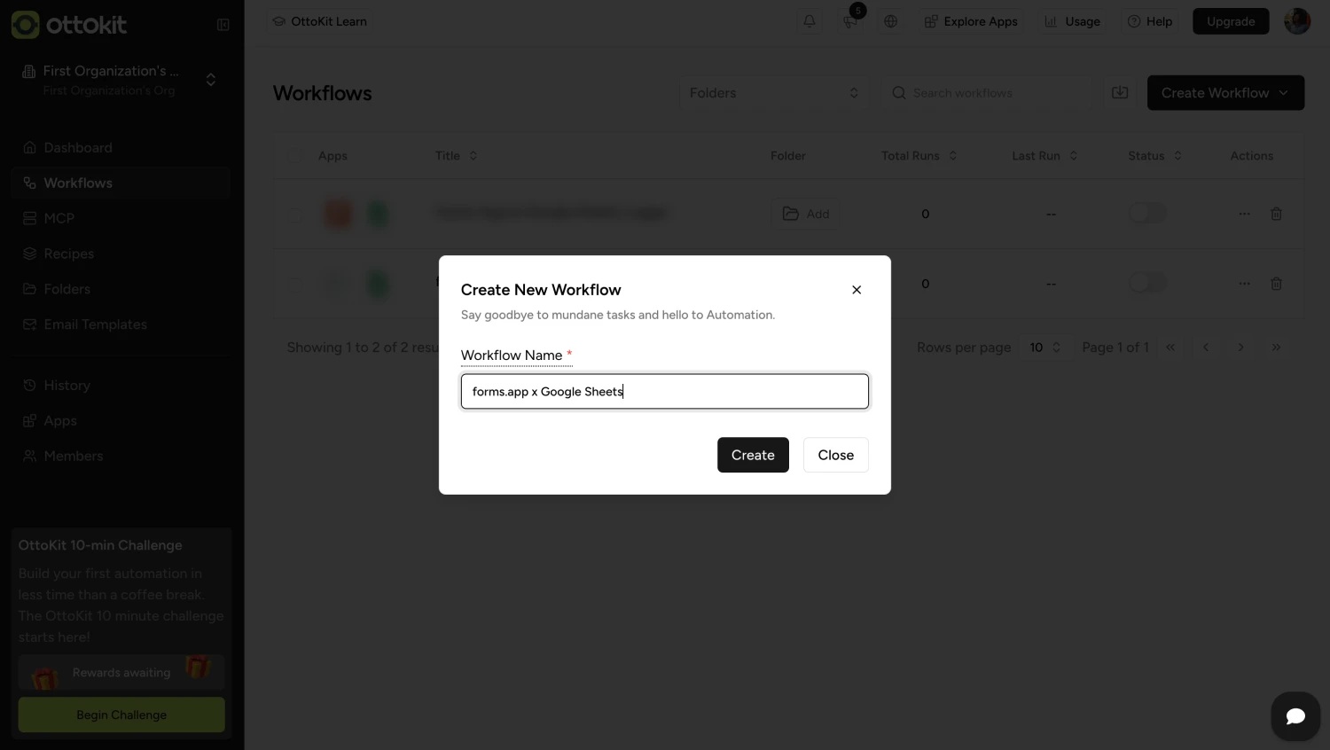 An image showing the appearing pop-up that allows you to enter your workflow name