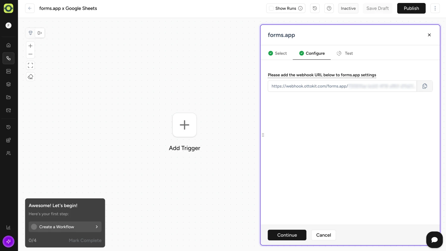 An image showing a drop-down menu from which you can find and select forms.app by adding a trigger
