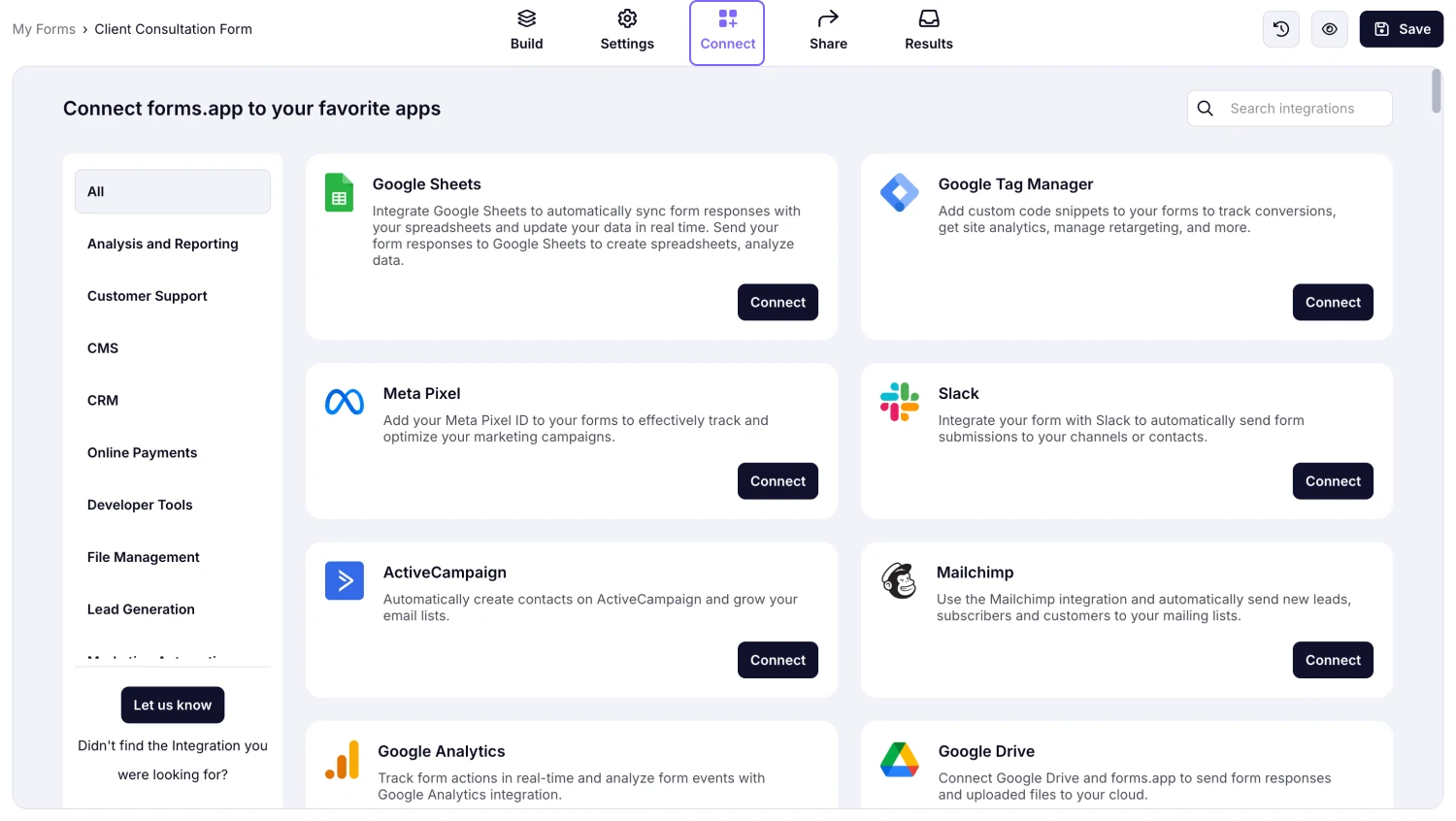 An image showing the forms.app interface and the “Connect” button