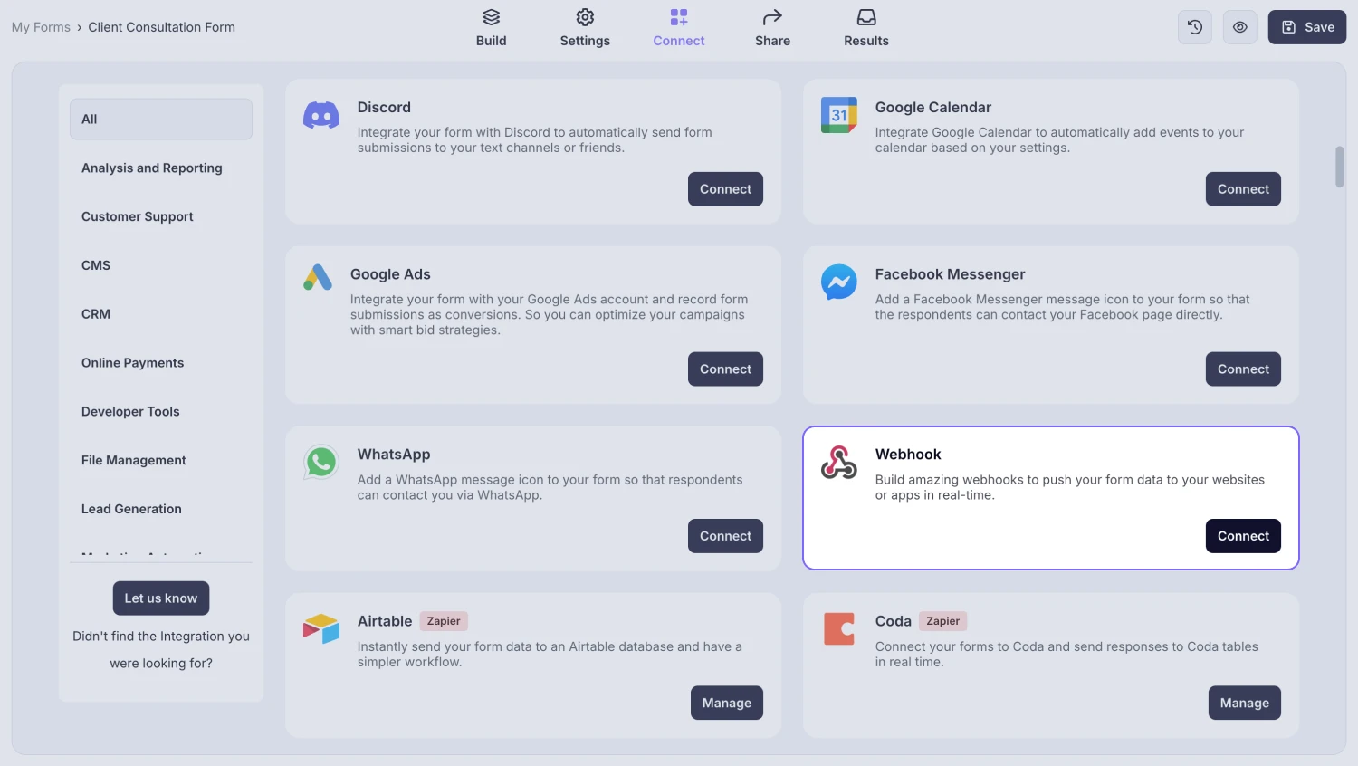 An image showing the “Webhook” option from the list of integrations