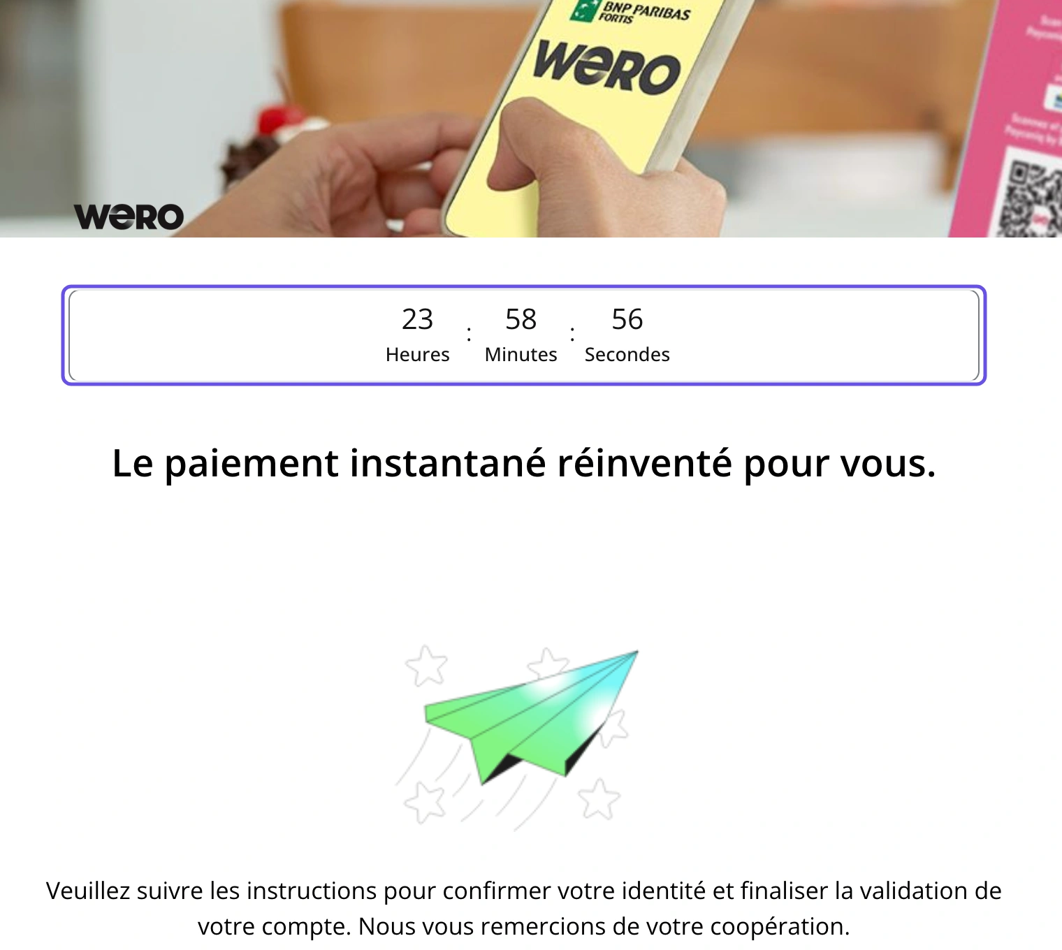 The Wero-themed cover, logo and payment slogan surround a countdown of 23 hours, 58 minutes and 56 seconds. The timer is highlighted.
