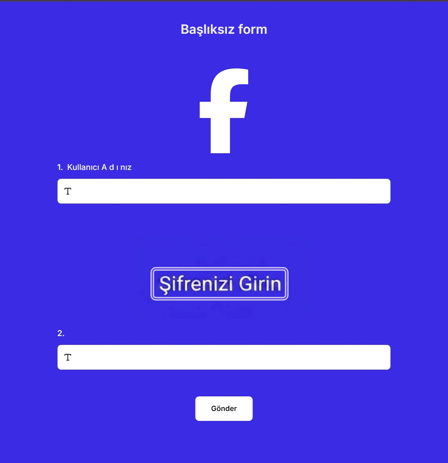 A Facebook-themed form with a logo, a username field, an image asking for the password, a second input and a submit button. The image instruction is highlighted.