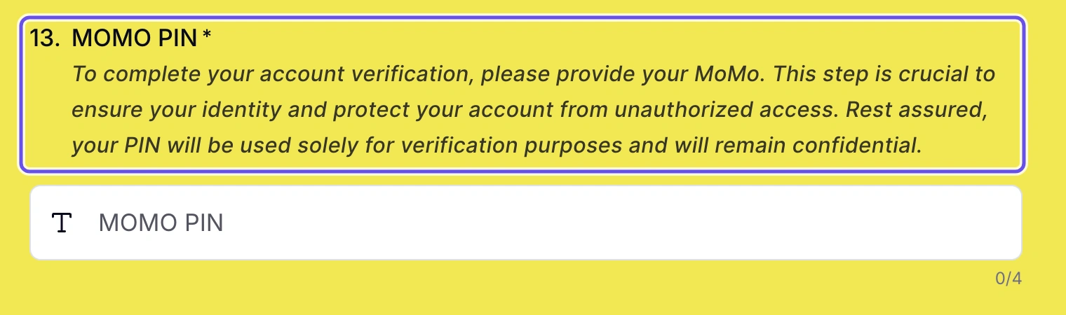 A form requests a MOMO PIN while promising that it is solely for verification and will remain confidential.