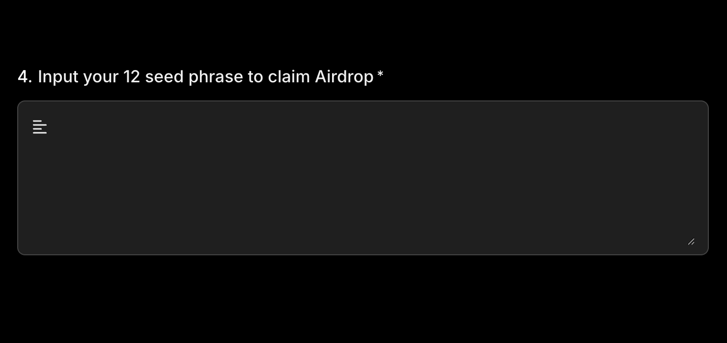 The form asks: Input your 12 seed phrase to claim Airdrop, above a text box.