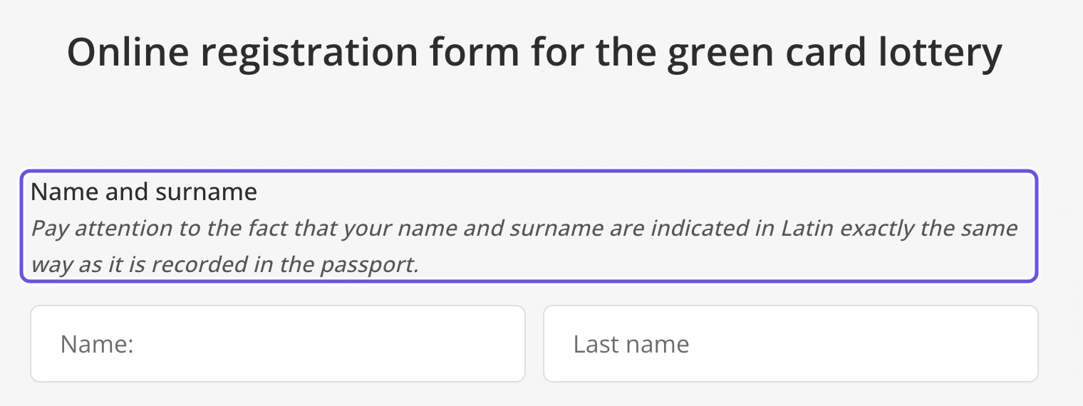 A form claiming to register applicants for a green card lottery asks for names exactly as recorded in a passport. The instruction is highlighted.