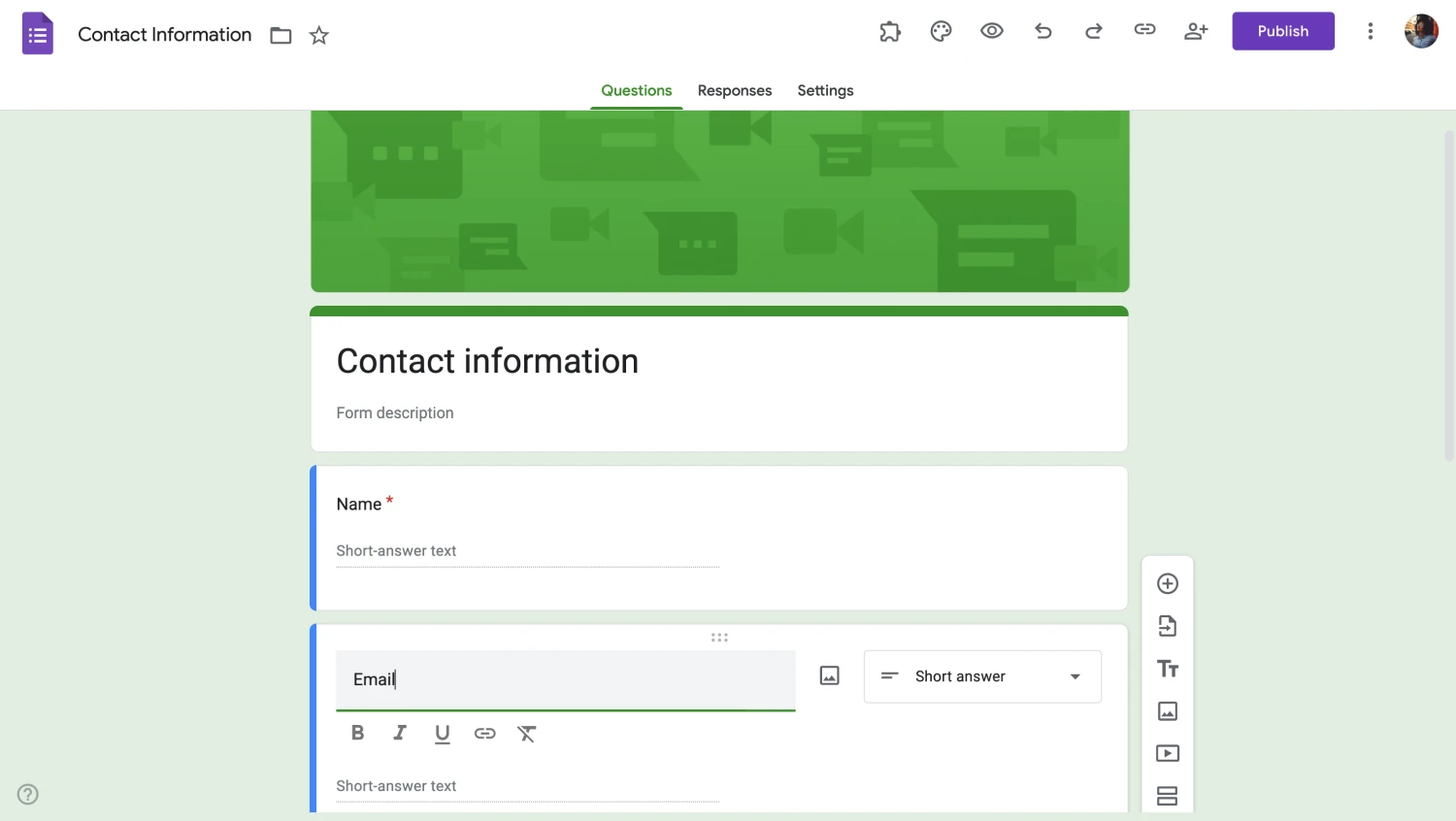 Workspace of Google Forms