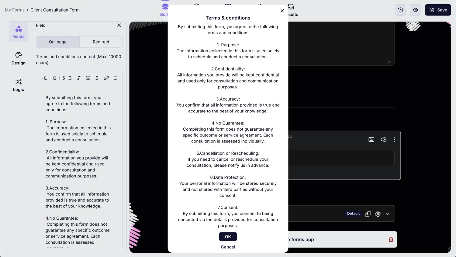 An image showing the “On-page” option, which you need to select in case you want your Terms and Conditions text content to appear as a pop-up on the form