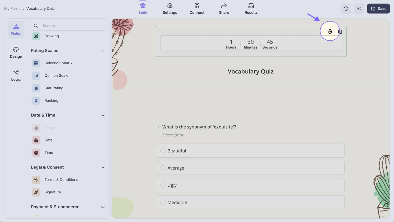 An image showing the gear icon on the “Timer” field, which you need to click to access the field settings