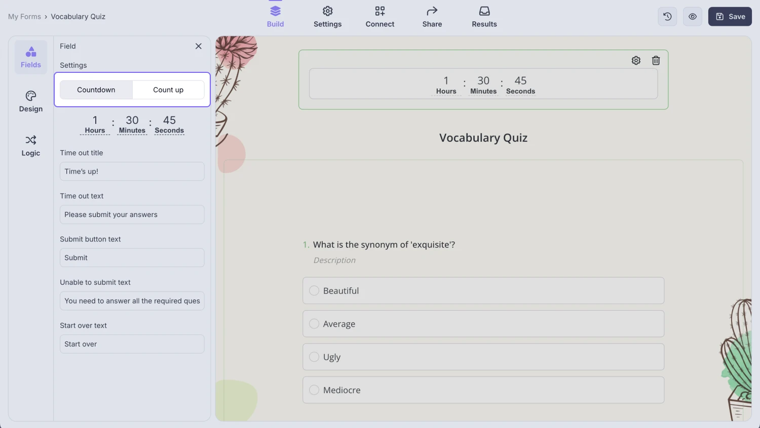 An image showing the options of “Countdown” and “Count up” that you can select from the field settings