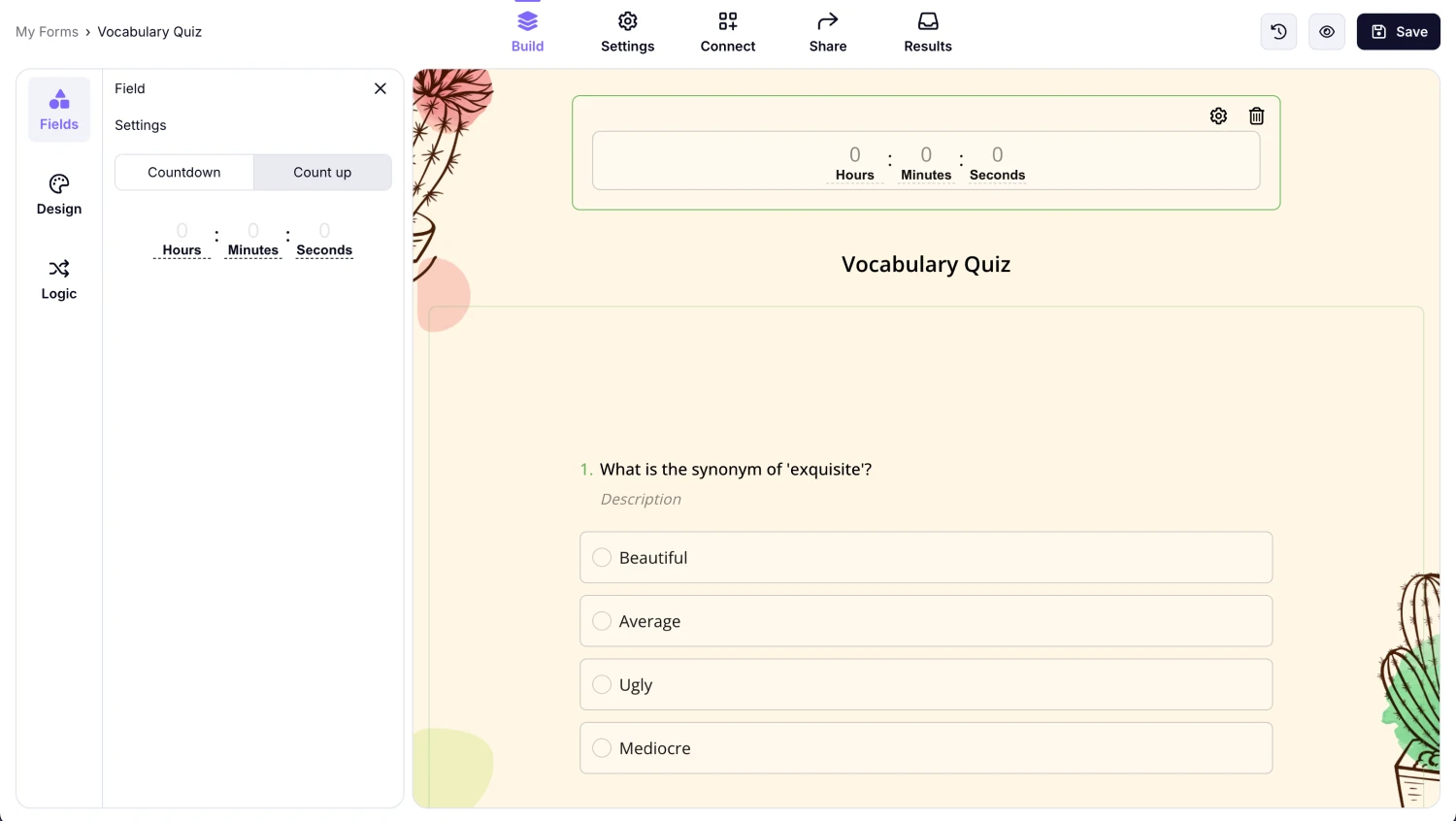 An image showing the “Count up” option selected in the field settings