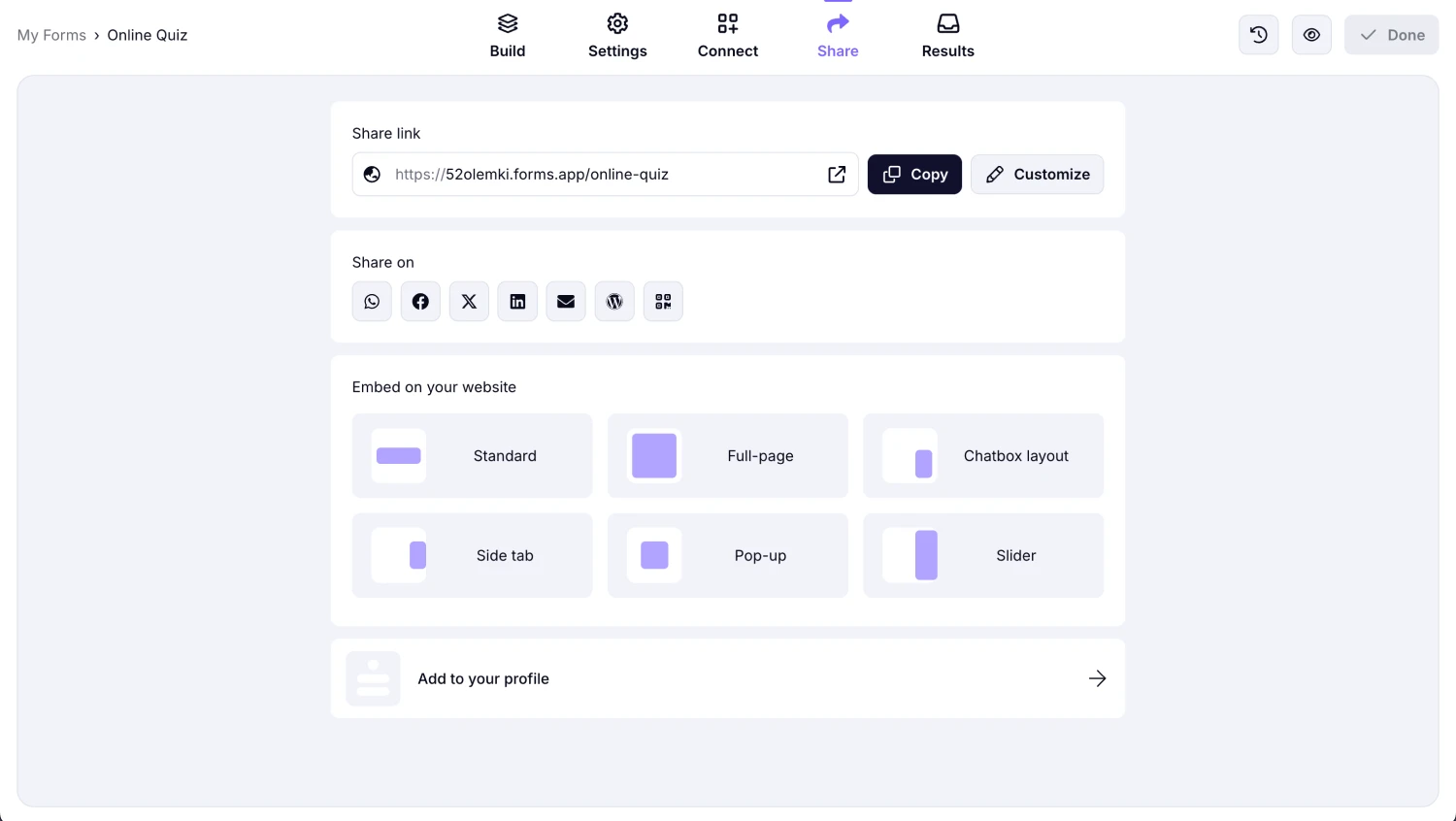 Share or embed your online quiz