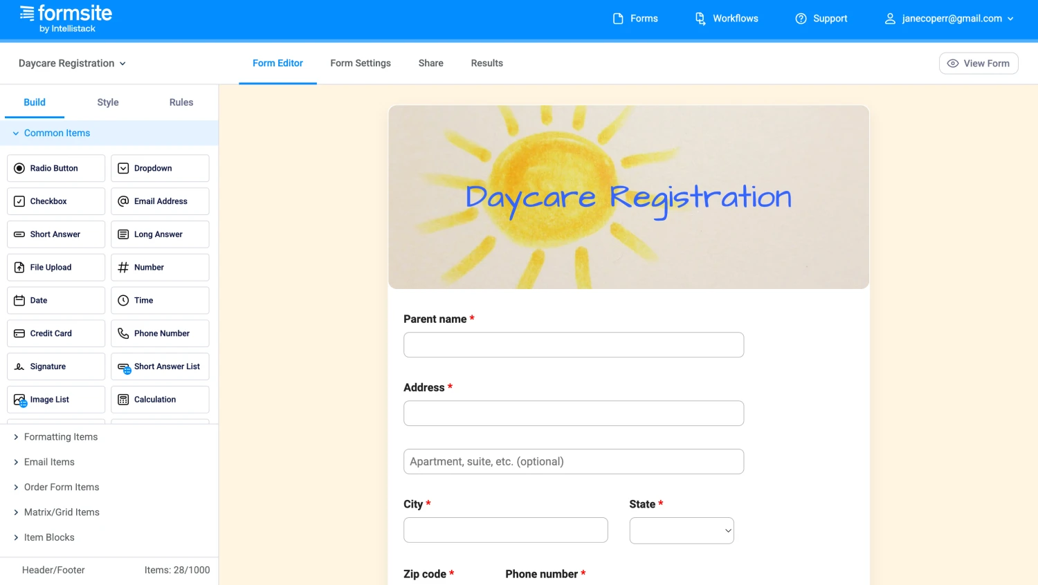 Workspace of Formsite
