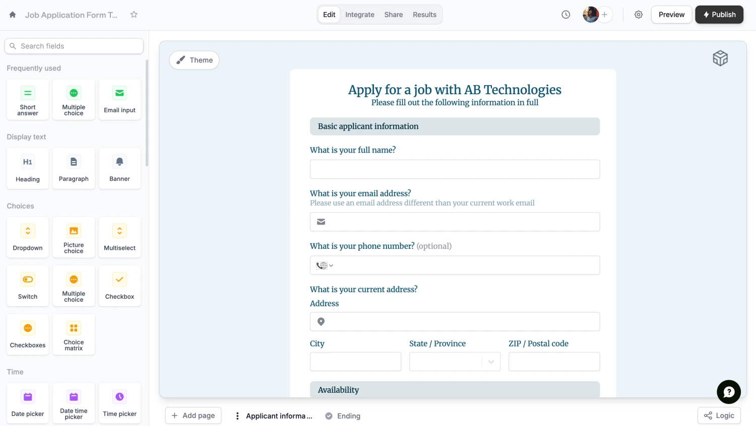 Workspace of Fillout