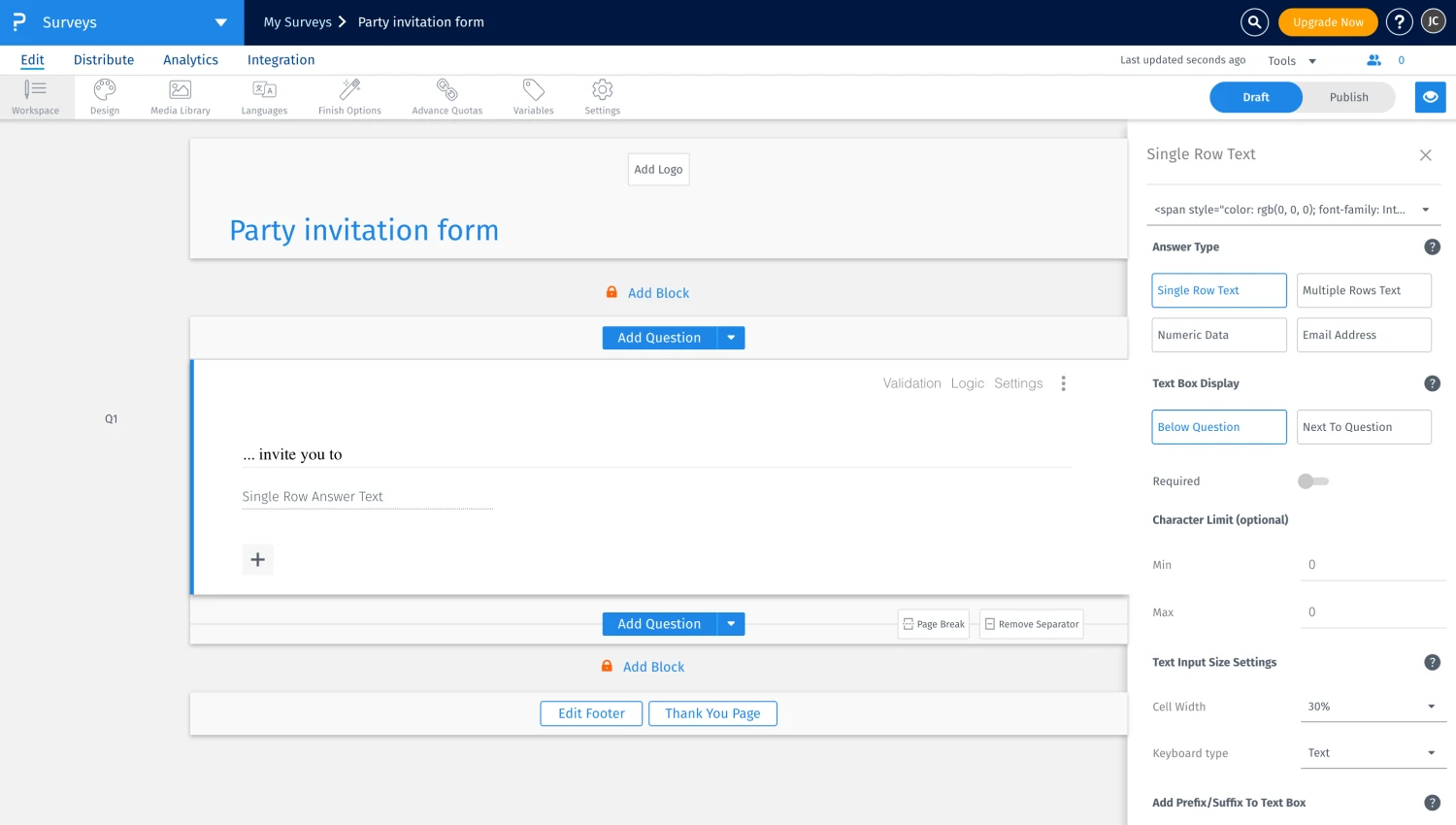 Workspace of QuestionPro