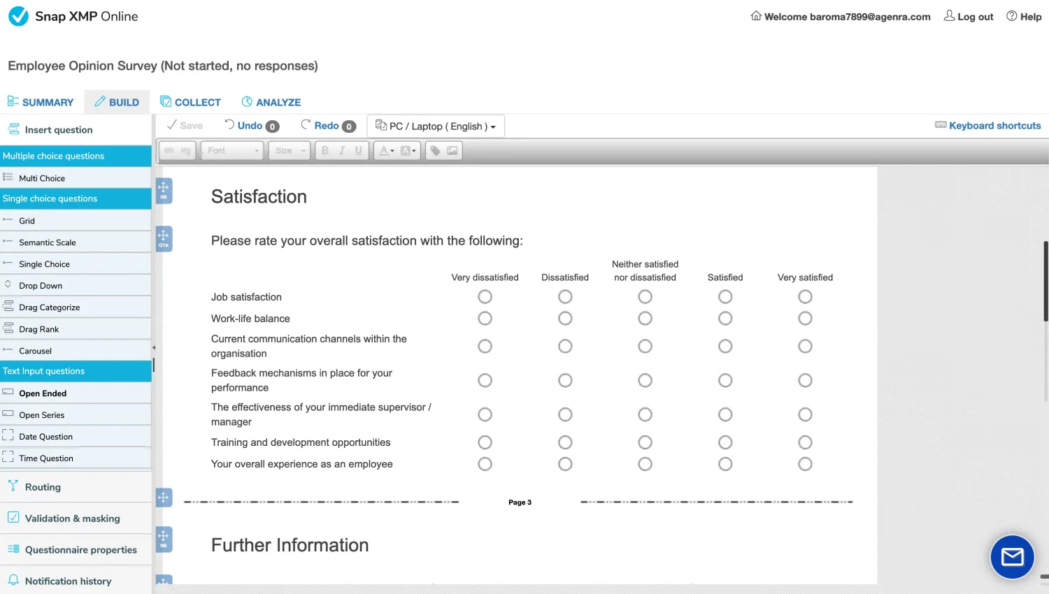 Workspace of Snap Surveys