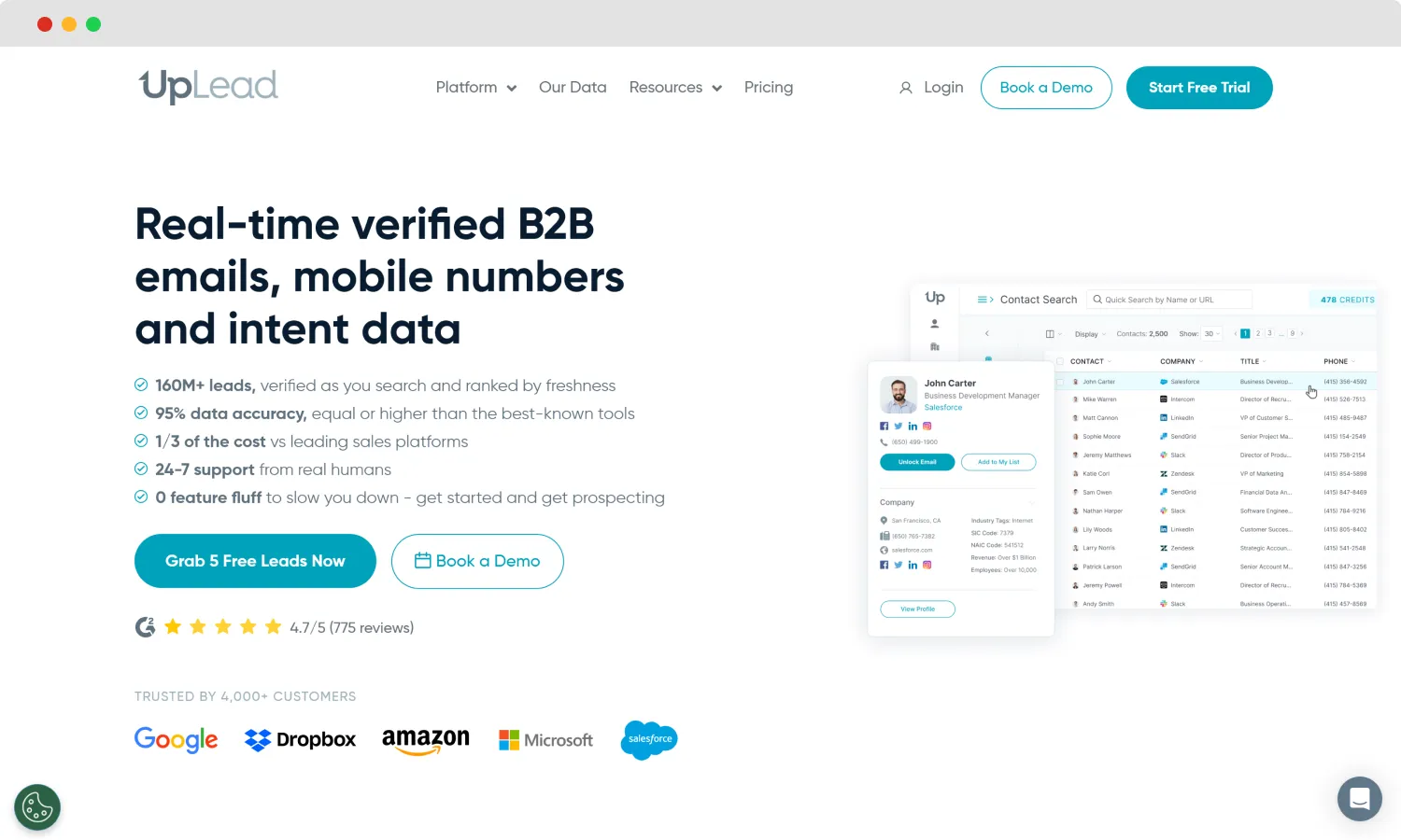 The homepage of UpLead