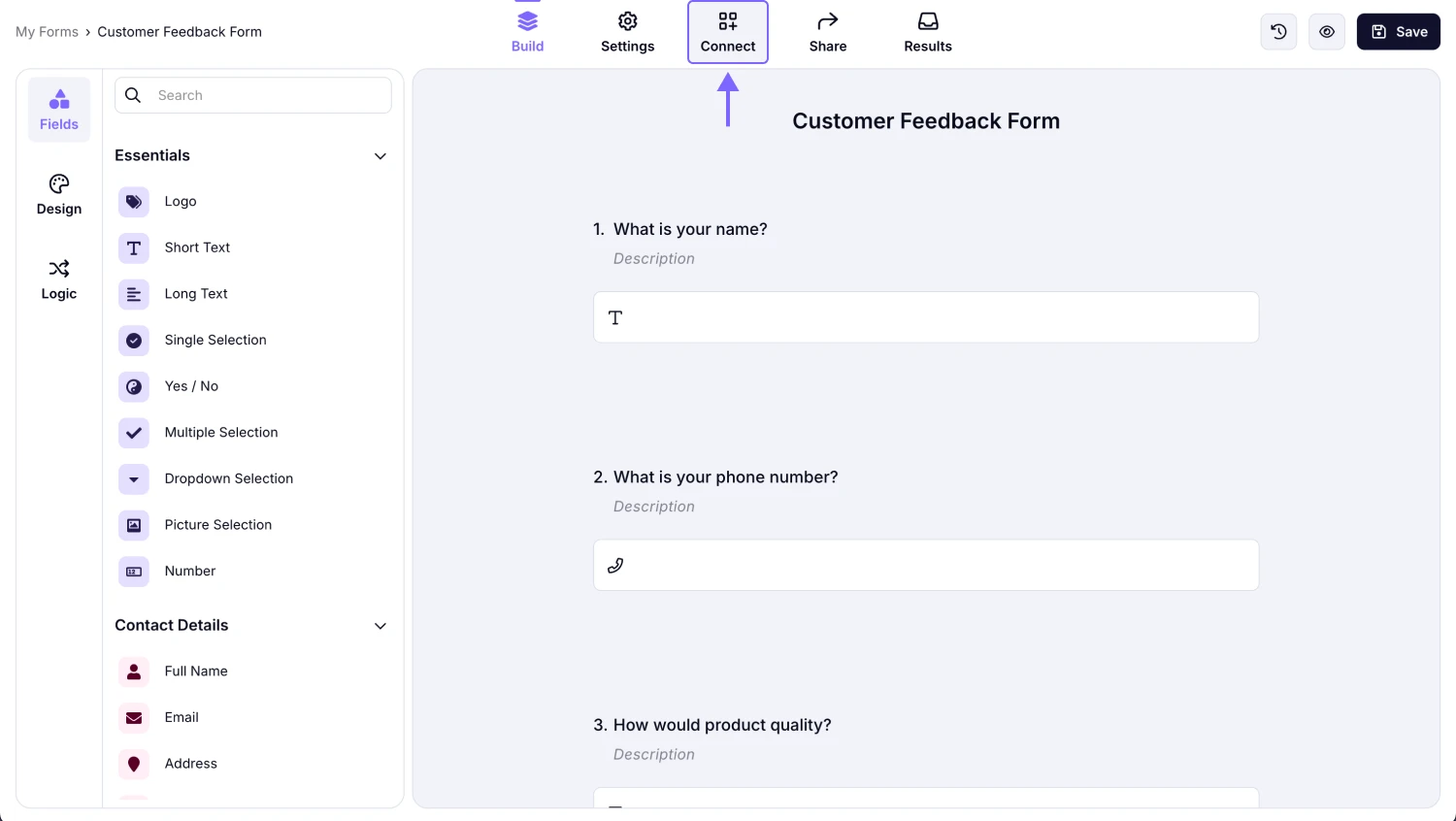 An image showing how you can access the “Connect” section after you open your form
