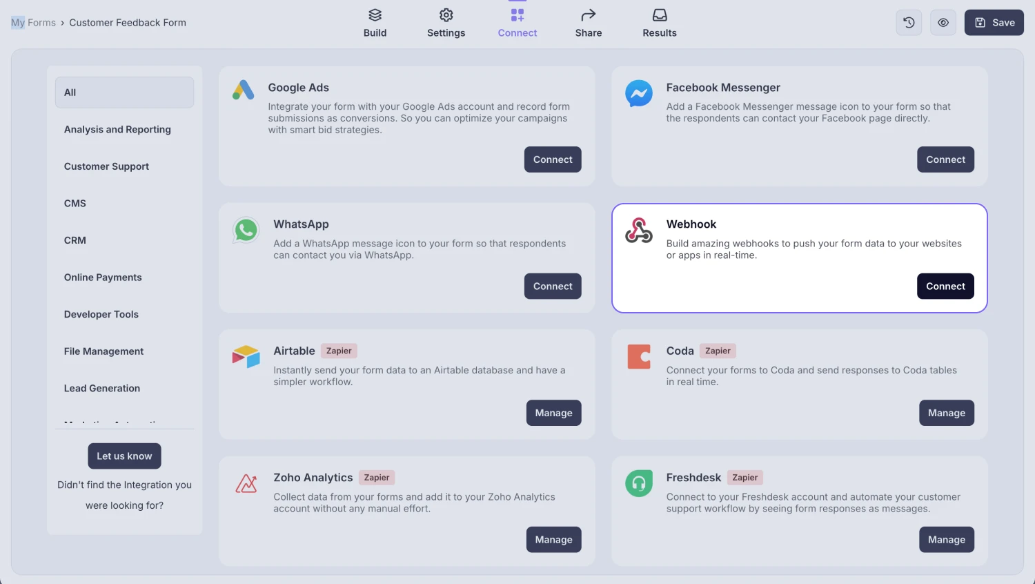 An image showing the “webhook” option, which you need to select after opening the “Connect” section of your form