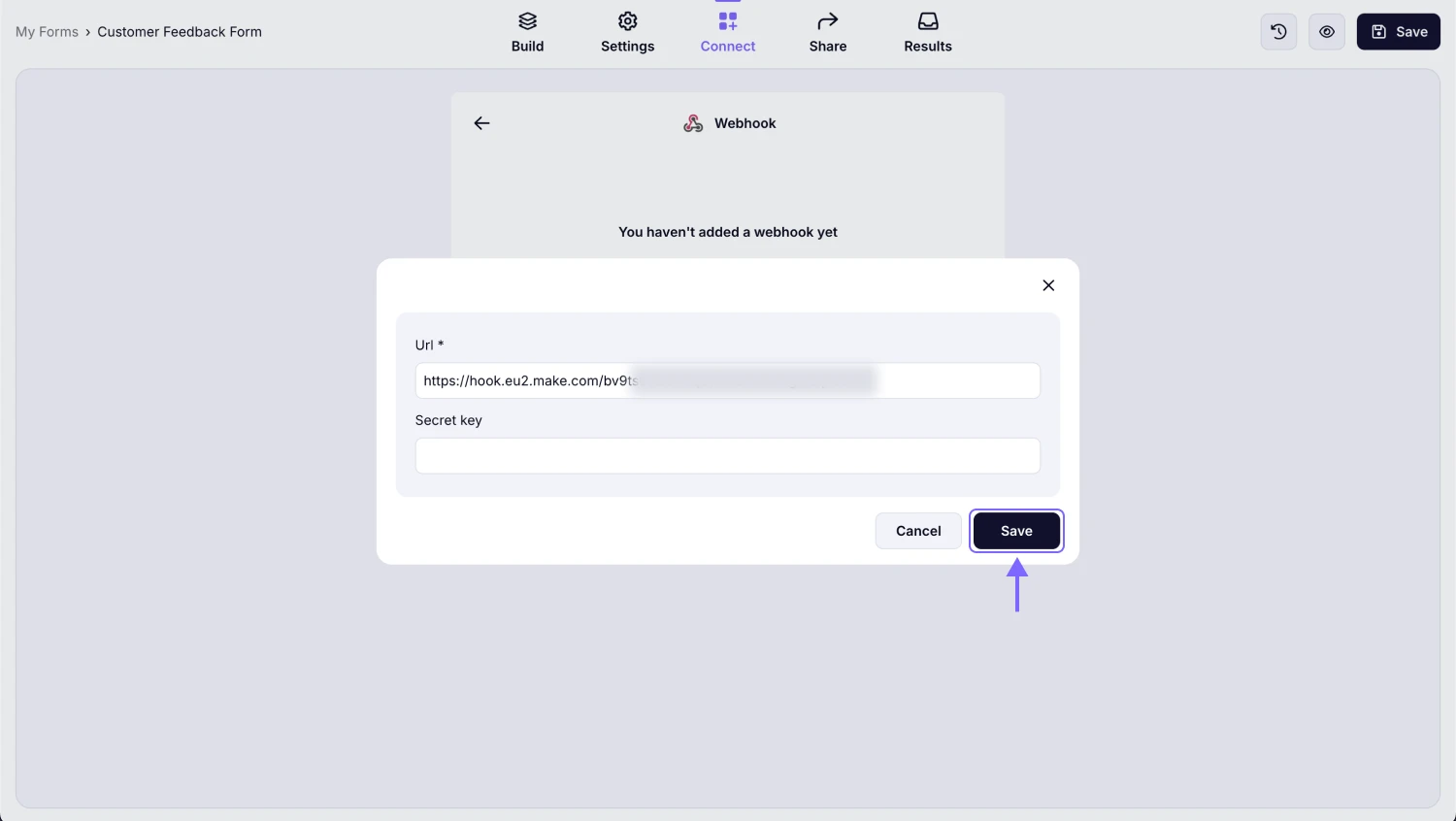 An image showing the area for you to enter the necessary details, like webhook URL and secret key