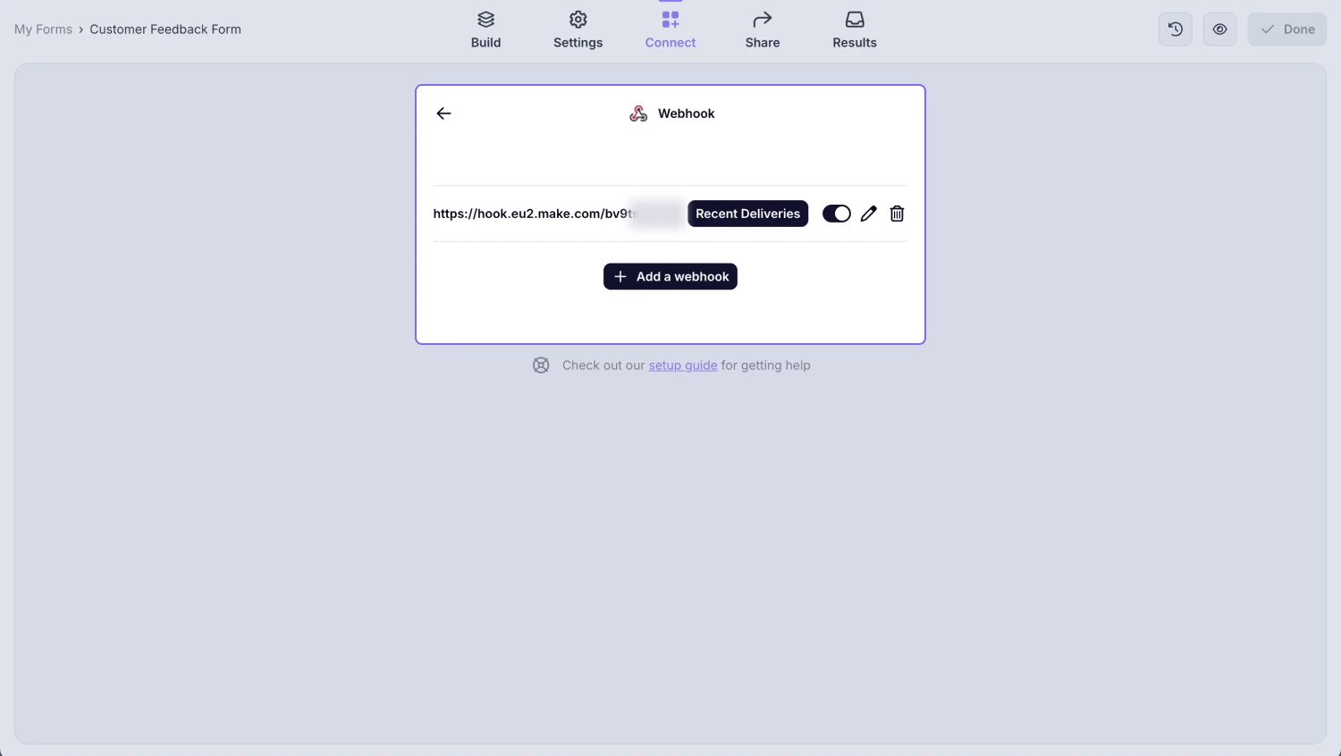 An image showing the page of the successful setup of your webhook, where you can edit your webhook, delete it, unpublish it, or see your recent deliveries if needed