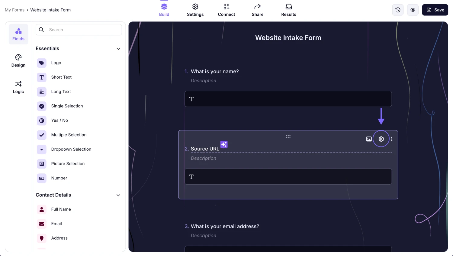 An image showing the “Gear” icon on the field you selected, which you need to click to access the field settings