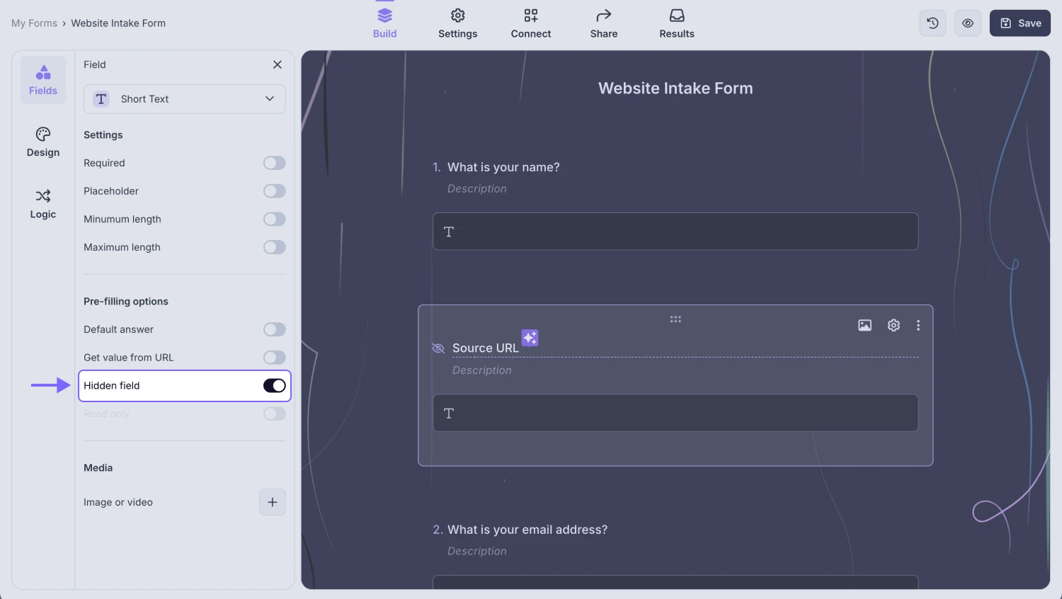 An image showing the “Hidden field” option, which you need to enable from the field settings