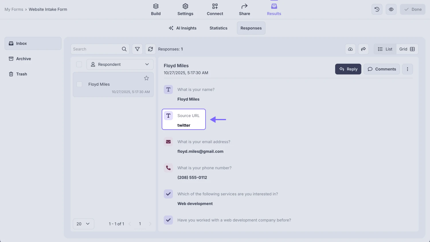 An image showing the response example of the field you made hidden and how it looks within your form answers