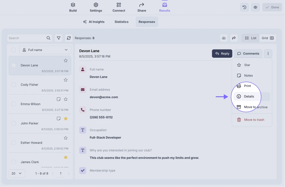 An image showing options under the three-dot menu within the response