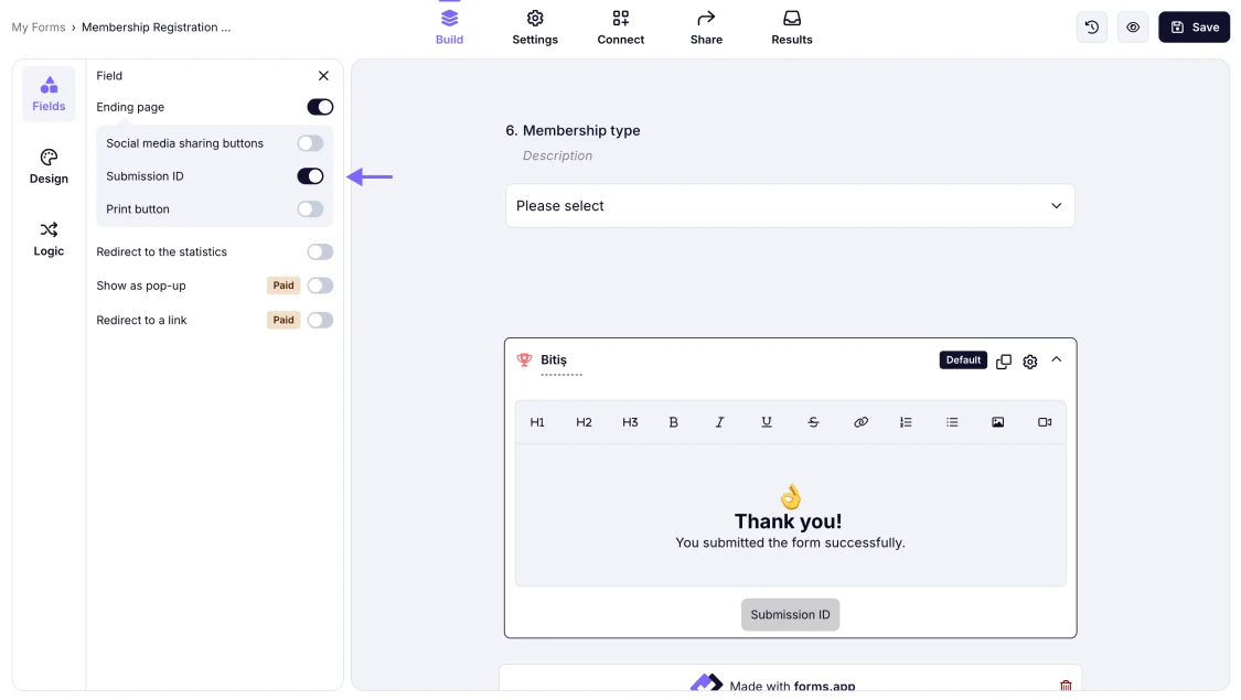An image showing the submission ID switch under the ending page settings