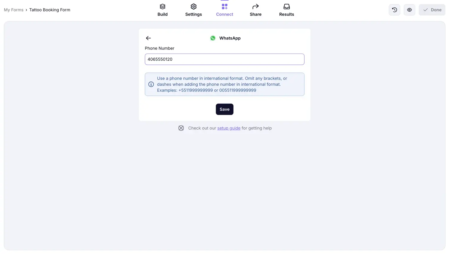 An image showing the page where you will need to enter your phone number, which is connected to WhatsApp, to start the integration