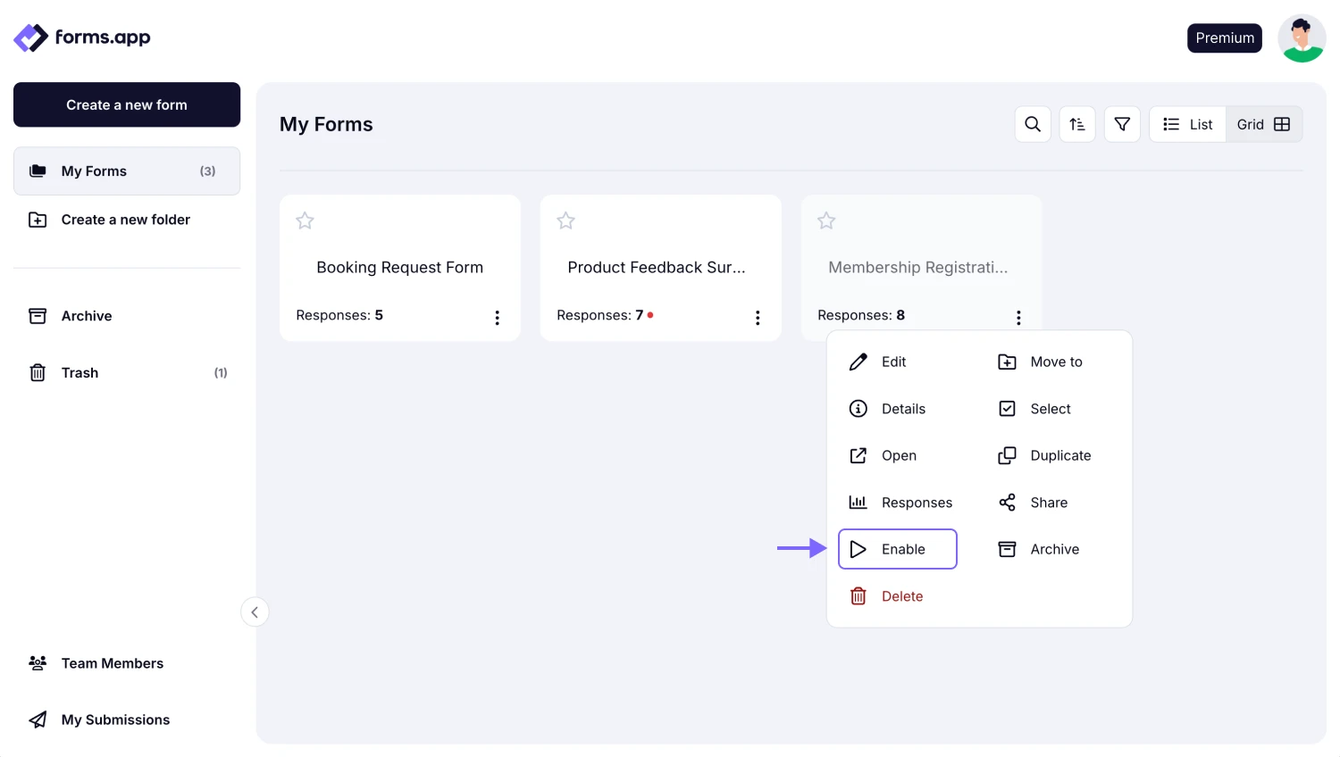 An image showing where you can enable your form from the “Dashboard” in case it was disabled