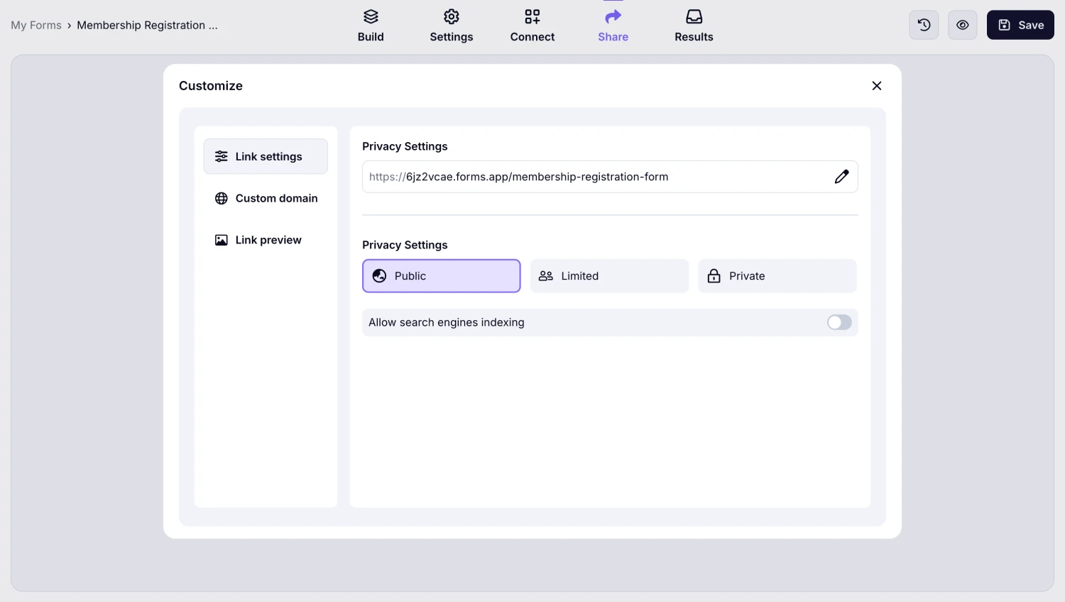 An image showing the “Share” section where you can adjust the Privacy settings of your form by opening the “Customize” tab next to your form URL