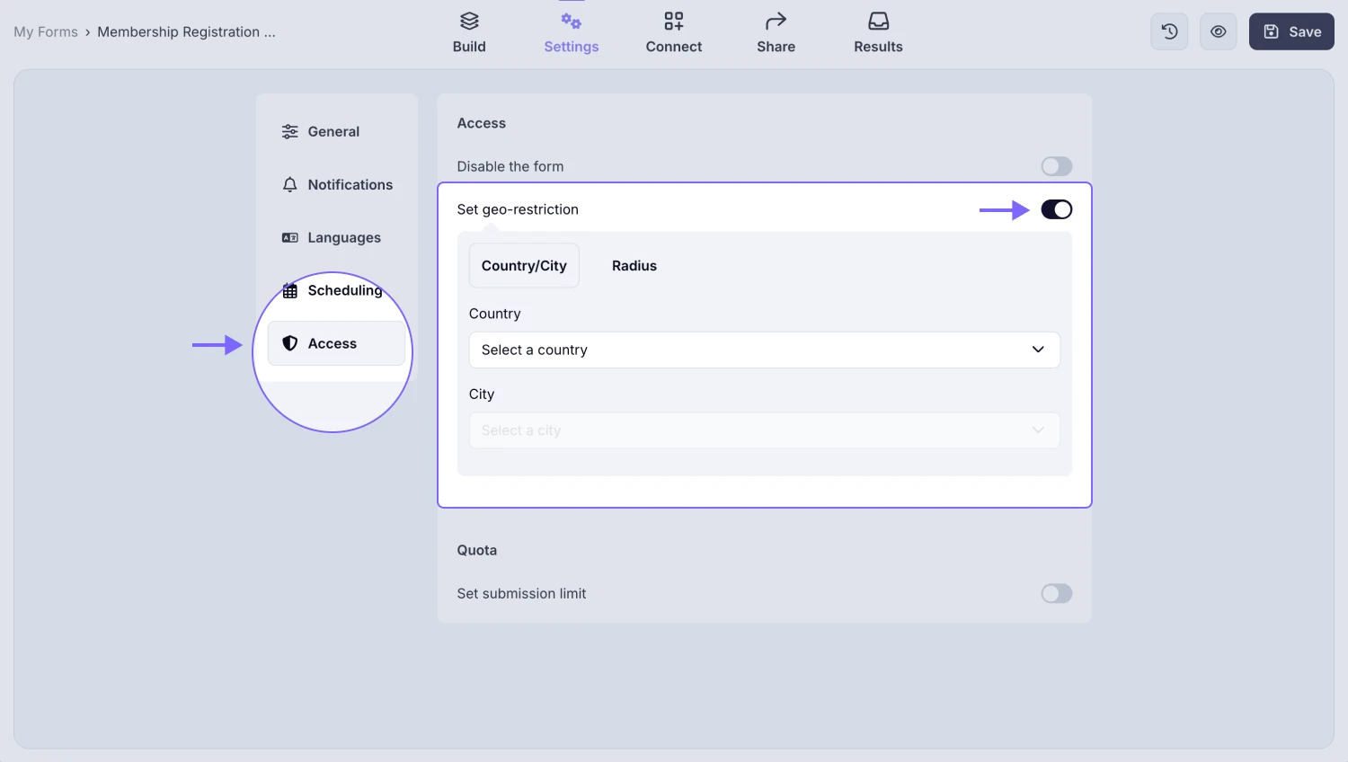 An image showing the “Set geo-restriction” setting, which can help you open your form for submissions only for a particular location