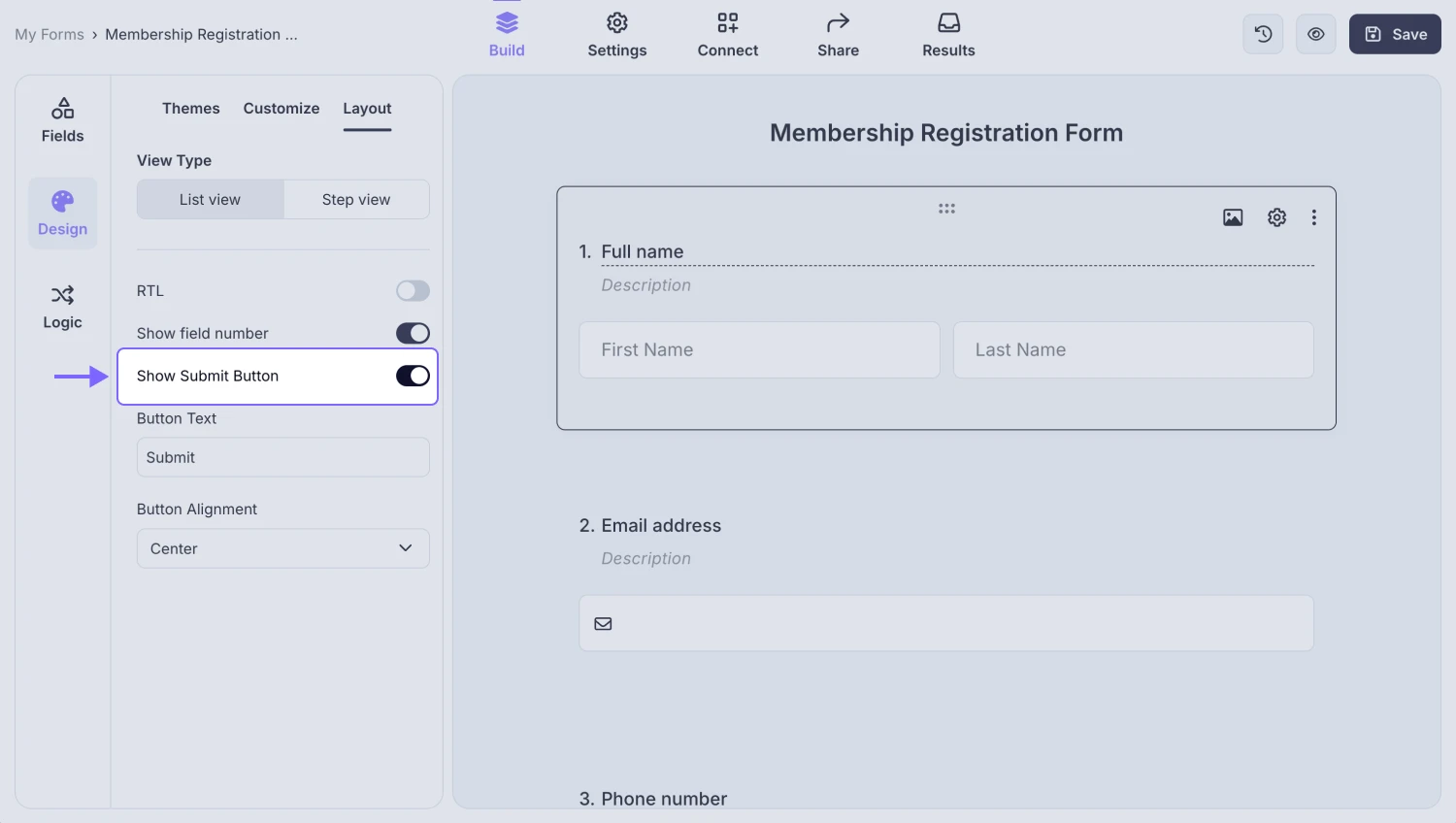 An image showing the “Show Submit Button” setting in the “Design” section, which allows you to show or hide the submit button of your form according to your needs
